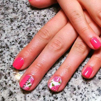 Gel manicure with rose nail art & rhinestones