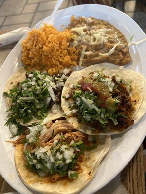 Taco dinner  Steak , chicken & pork with rice & beans so good. You will not disappointed