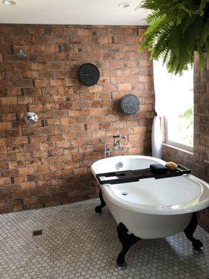 Porcelain Brick tile on walls With 2" Polished marble Hexagon on Floor