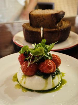 Mozza Caprese ($18) with Pane Bianco ($8).  MUST GET!