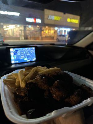 Boneless Wings and fries w/ "Honey Hot"  Sauce