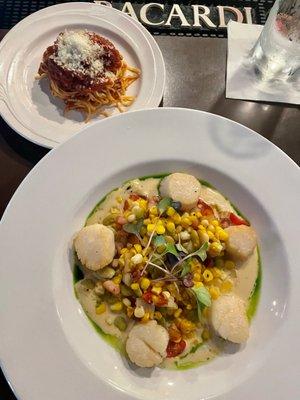 Scallops with John Check Corn medley...