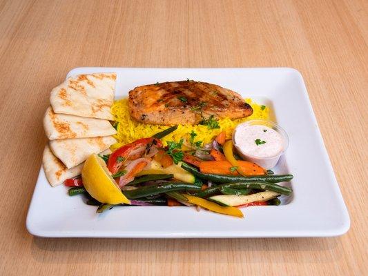 Salmon Plate with Grilled Veggies and Rice