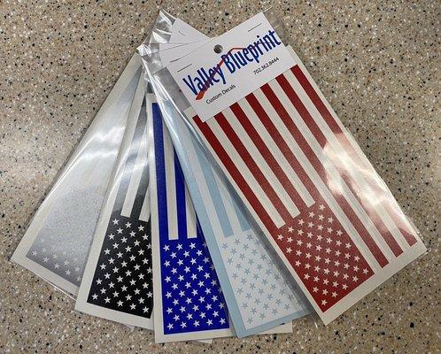 Show your patriotism! Die cut vinyl decals available.