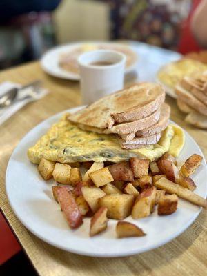 Some Greek omelet action with a chocolate chip pancake back? Yes, please!!