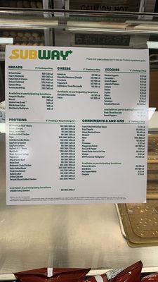 List of all breads, cheese, proteins, veggies, condiments and add-ons at this location