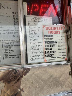 Taco meat choices & business hours