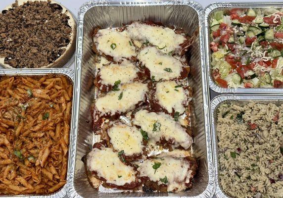 Catering Chicken Parmigiana, Toffee Cheesecake, House Salad, DiMisa Penne Marinara and Cold Pasta Italian Salad