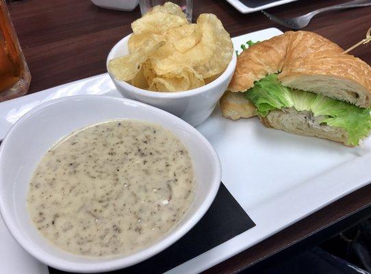 Coffee Zone Combo:  half a chicken salad on croissant, potato chips & Brandy mushroom soup!