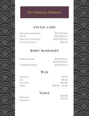 List of services. Appointments only.