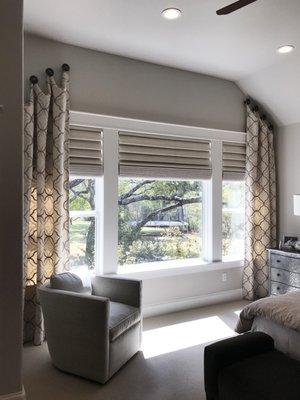 Hunter Douglas Pirouettes and custom Drapery.