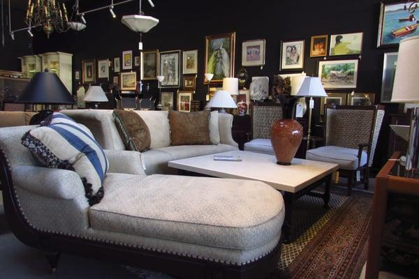 Chaise Lounge Nailhead Trim - $699
 Sofa Beige Holly Hunt - $1999
 Coffee Table Travertine Top - $299
 Art Glass Vessel - $380