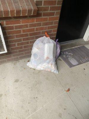 Neighbors trash left outside door for hours attracting mice and bugs.