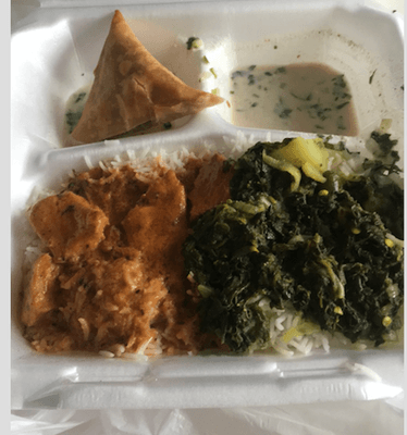 Butter chicken, aloo gobi, veggie samosa, raita.