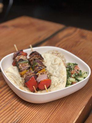 Chicken Skewers with tabouleh, pita and rice