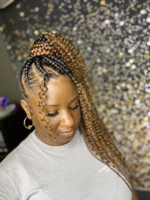 Feed in curly braids