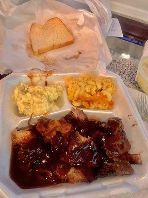 Rib tips, potato salad, and mac&cheese