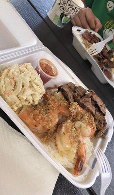 Shrimp and steak plate with Mac potato salad