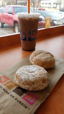 Mocha iced coffee, lemon dnut (front), apple spice (back)