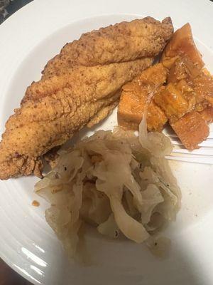 Fried Catfish, sweet potatoes, and Fried Cabbage