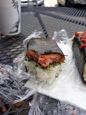 My kid's half eaten spam musubi