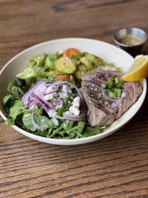 Protein bowl with Line-Caught Tuna, Arugula & Blue Cheese Salad, and roasted vegetables