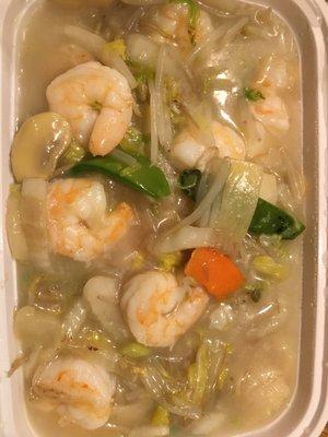 Shrimp chop suey with extra shrimp and scallops added.