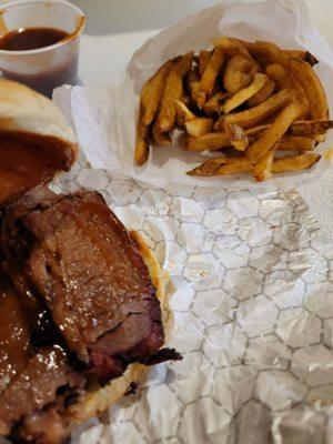 Sliced brisket and hand cut fries