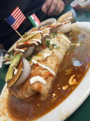 Such a beautiful burrito. The red and green sauces on top are so good.