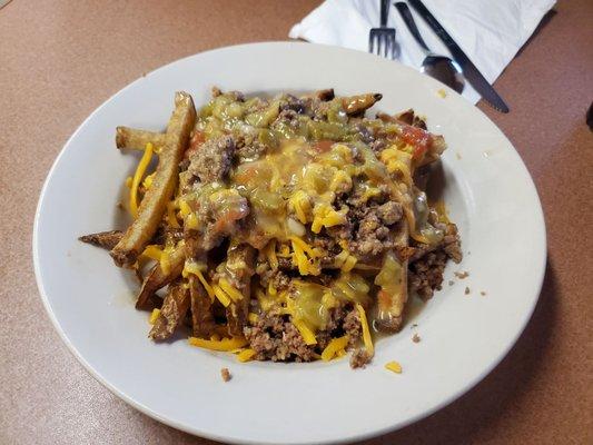 Green chile cheese fries with ground beef