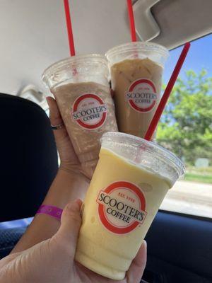 mango smoothie (bottom) , iced caramelicious (top right) , turtle blender (top left)