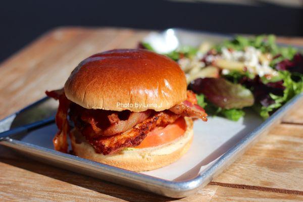 Chicken Deluxe ($13.79) - crispy spiced brined chicken, applewood bacon pickles, tomato, lettuce, RS sauce