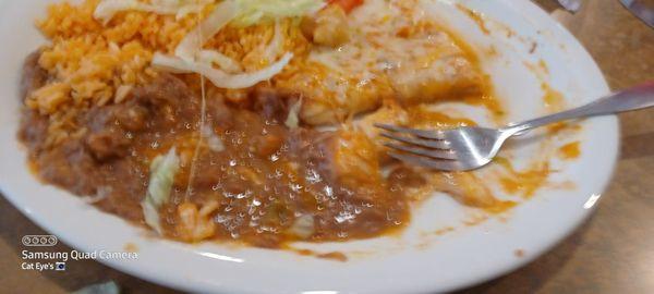 Chile Verde enchiladas. Usually Chile Verde has meat in it. There is no meat. This is a cheese enchilada with meatless Chile verde sauce.