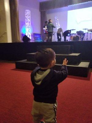 Worship set up before a Sunday service my son getting is worship on