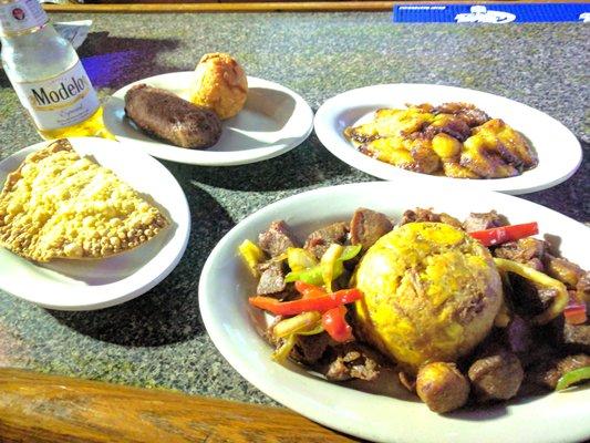 Mofongo & Carne Frita, Plantains, Potato fritter, Shrimp Fritter, Green Plantain Fritter