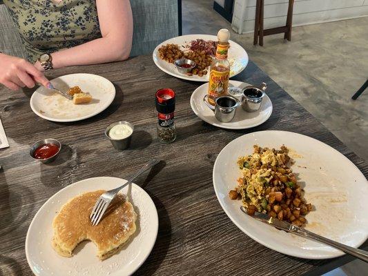 *Pancakes, *The Ranchero Omelet, and *Corned Beef Hash & Eggs. All yummy!