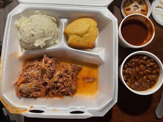 1/2 Pound Pulled Pork Dinner with Herb Mashed Potatoes and Bar-B-Q Beans.