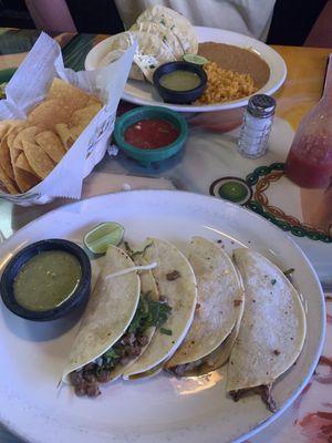 Street tacos above and michoacanos below. Chips and salsa.