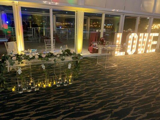 Cake table and bride and groom table