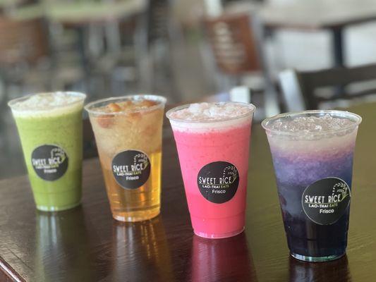 Green tea, Thai Logan, pink milk tea, butterfly pea drink