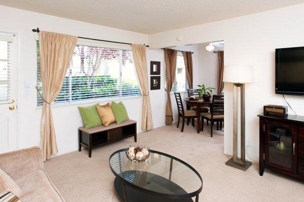 Birchwood Apartments in Sunnyvale~Living Room and Dining Room Area~Managed by Woodmont Real Estate Services