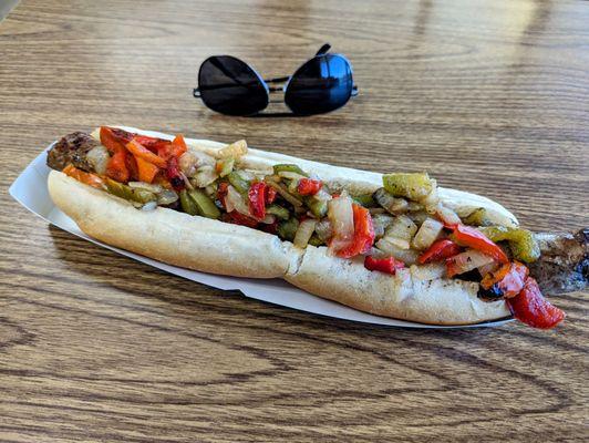 Foot long Italian sausage, peppers and onions