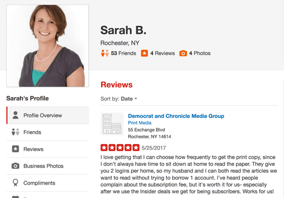 Sarah B. works for Democrat & Chronicle Media. Also posted a solicitation for Meet the Babies submissions as a yelp event. Pretty shady.