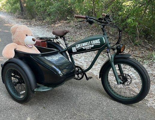 Our super unique and popular Cargo Ebikes where child rides in the sidecar.  Please make reservation and no upcharge from our regular ebikes