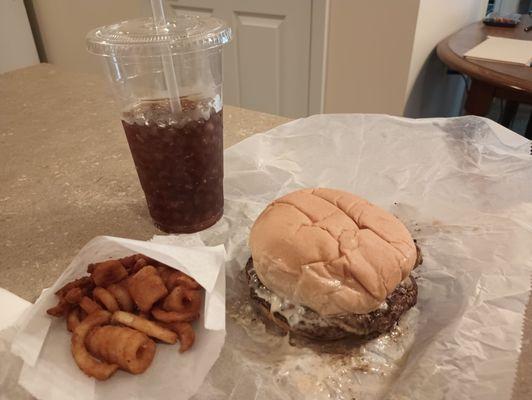 Curly Fry with Swiss Mushroom burger.