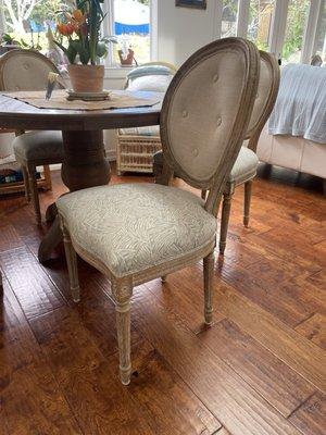 4 dining chairs, bottom cushions reupholstered.