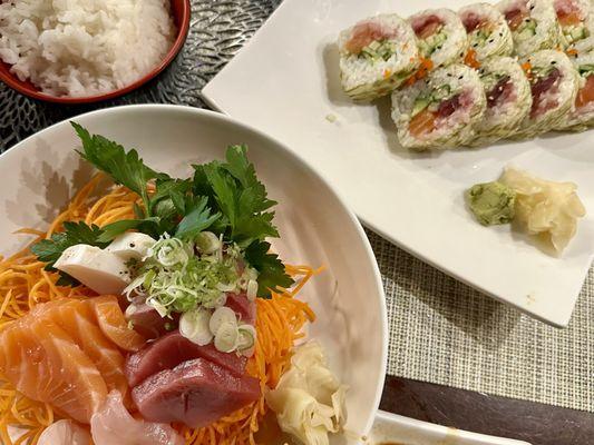 Sashimi Deluxe and white seaweed roll