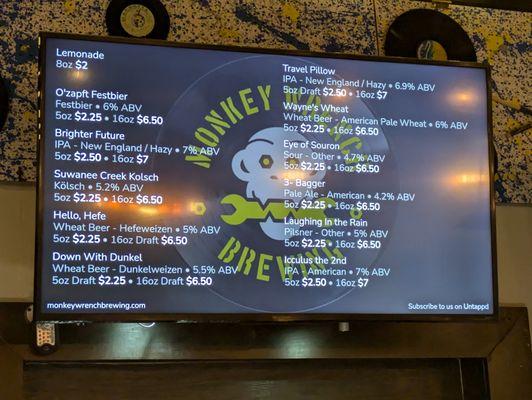 Beer list at Monkey Wrench Brewing and Distillery, Suwanee