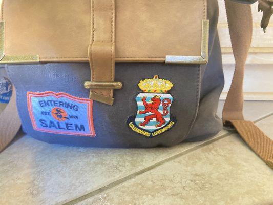 Patches sewn onto bag