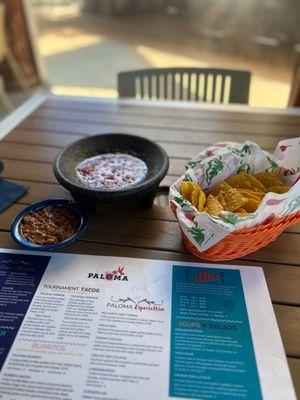 Chips and salsa. They mix the salsa at the table and ask you how spicy you want it from mild to hot.